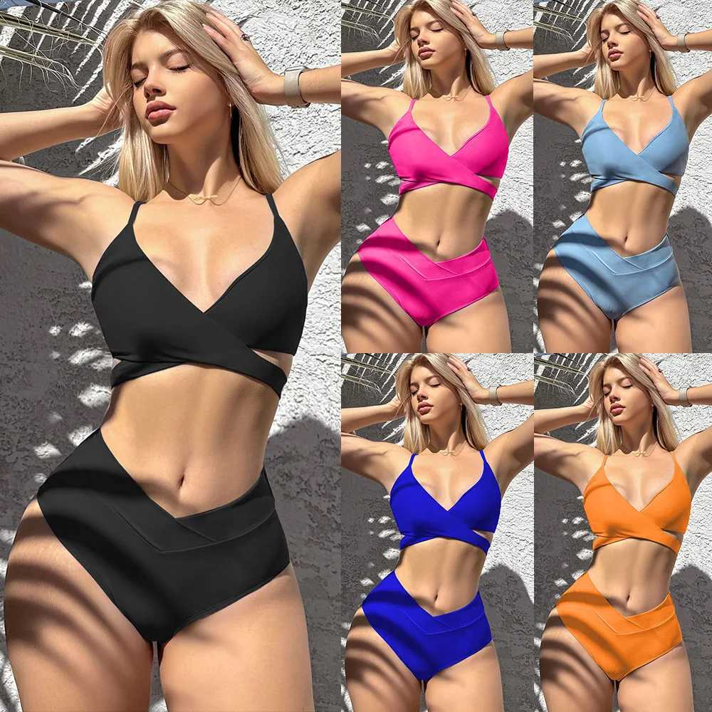 New bikini solid two-piece womens swimsuit with comfortable fabric split black swimsuit fashion innovationXJ250315