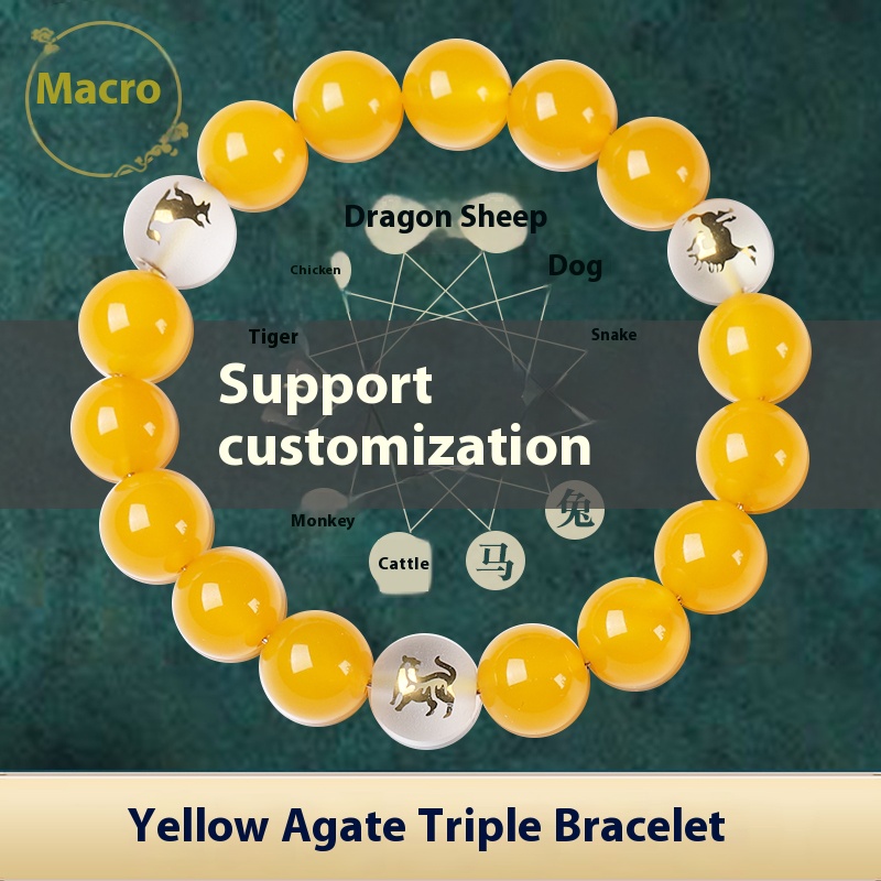 Natural 7A Grade Yellow Agate Zodiac Triad Bracelet Men's and Women's Yellow Jade Crystal Buddha Bead Strings