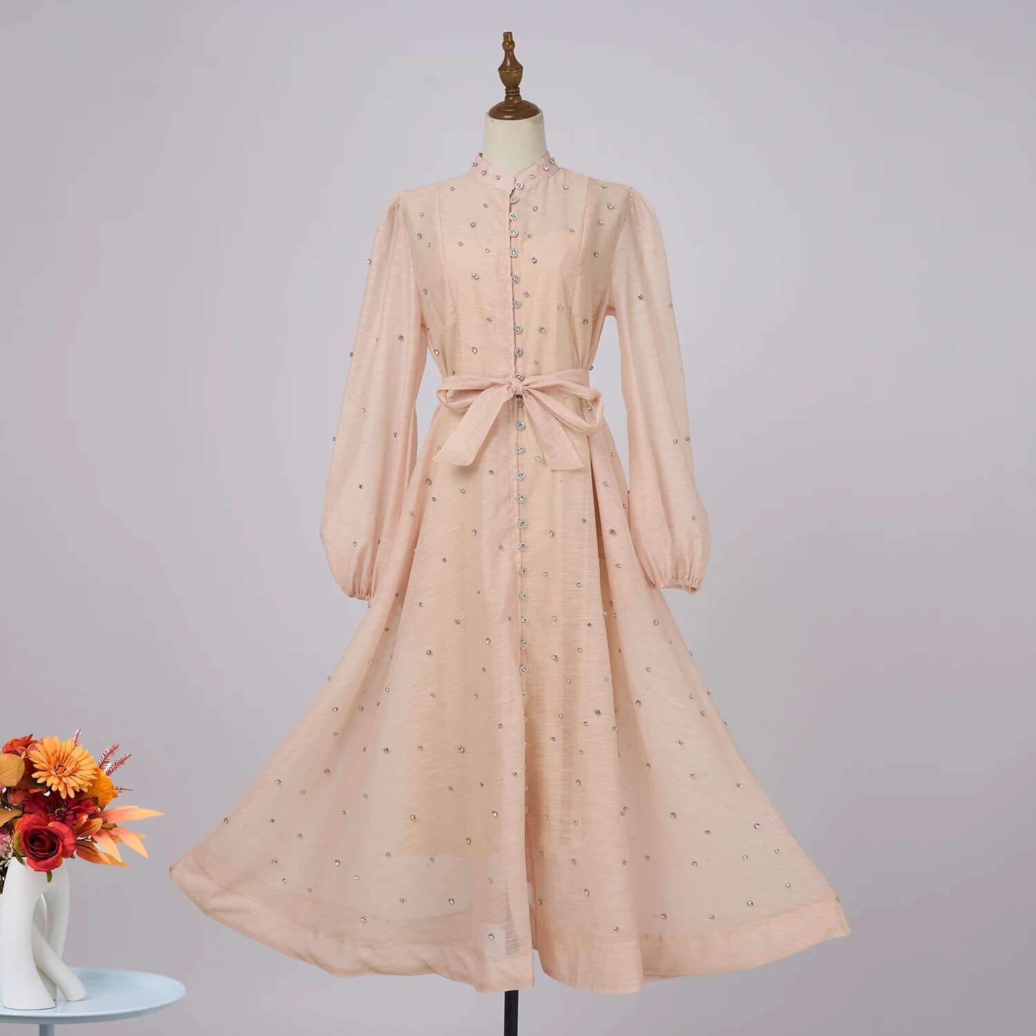 Elegant Beading Dia Mesh Prom Dress For Women Stand Collar Long Lantern Sleeve Single Breasted Belt Autumn Female Clothes