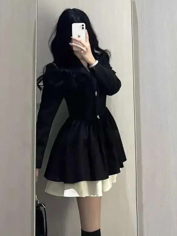 2023 New High-End Feel Petite Puff Skirt Long Sleeves Blacktweed Style Autumn Season Women Fashion Dress