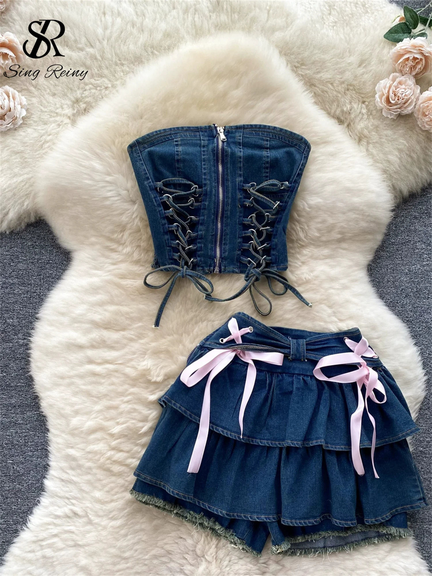 SINGREENY week denim twopiece zip strapless Y2K topelastic mini Culottes lace cross bandage streetwear set 250312