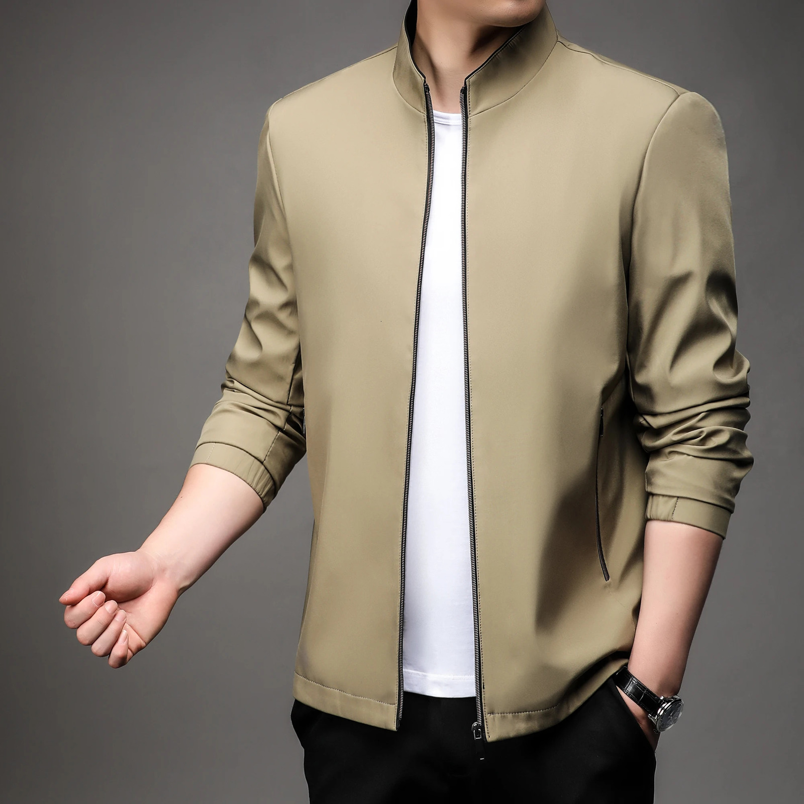 High quality handsome guy springsummer mens business casual jacket solid color fashion no trace stand collar M4XL 250313