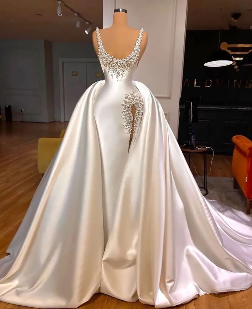 Prom Gown White Evening Dresses Party Mermaid Sleeveless Satin Plus Size Zipper Lace Up New Custom Beaded Pearls Scoop Detachable Train Thigh-High Sli