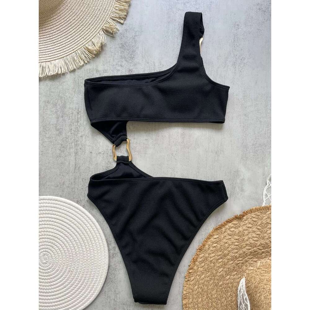 Women's one-piece swimsuit with cutting ring on the front, high waist, shameless, monokini, asymmetrical off shoulder, ribbed design