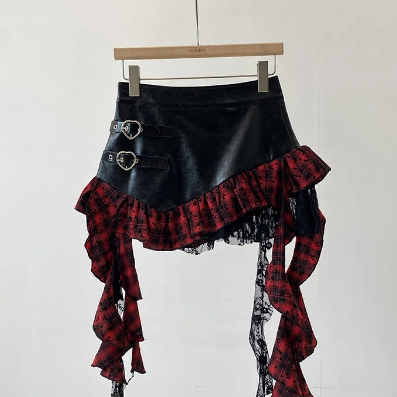 Faux Leather Mini Skirt with Plaid Ruffle Lace Trim HeartShape Buckle Asymmetrical Teengirl egirl Y2k Grunge Outfit 250310