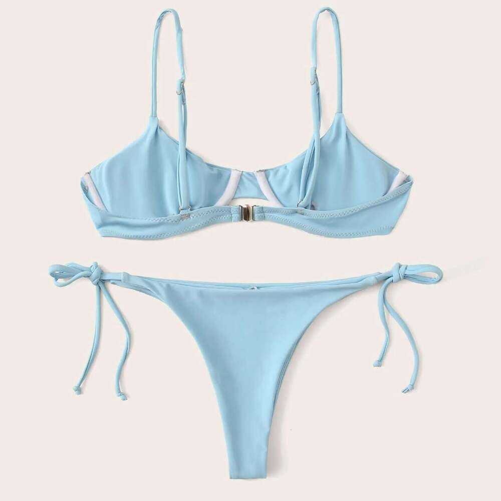 Two piece swimsuit, padded bra, push ups, tango underwear, solid color, lace up bikini, beachwear, summer