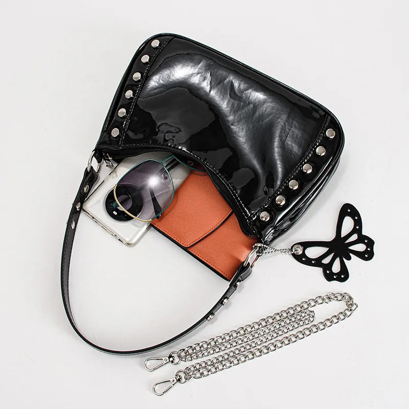 Fashion Y2K Women Chain Rivet Shoulder Bags Female Butterfly PU Leather Zipper Underarm Bags Cool Girls Punk Handbags Purse 250314