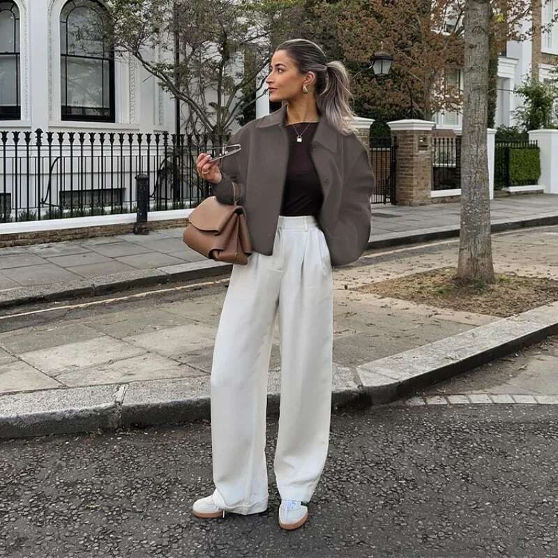 Fashion Solid Woolen Demi-Season Jacket Single Breasted Lapel Long Sleeved Coats High Street Autumn Women Versatile Coat