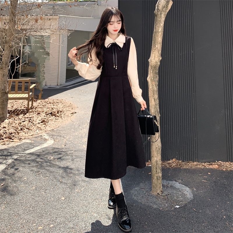 X515523 New style dress college style long sleeve retro forest style skirt temperament slim French long skirt women's clothing