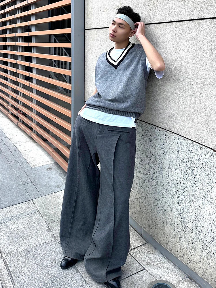 Reddachic mens pleated front gray suit pants high waist casual solid plain weave wide leg straight office womens formal clothing 250313