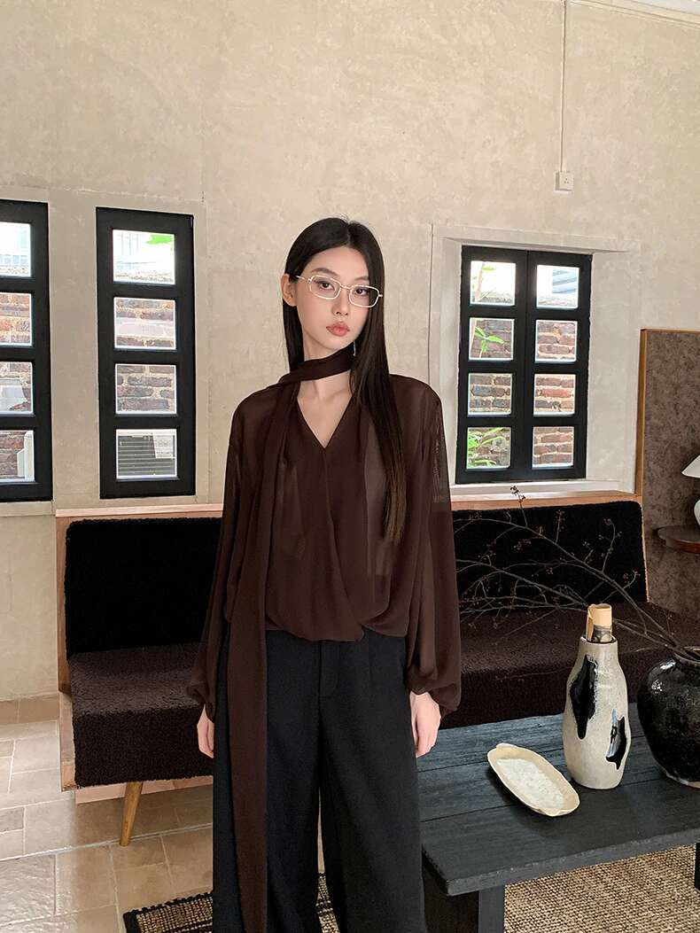 CHEERART Brown Chiffon Blouse Clothing Long Sleeve Top V Neck Ribbon Lady Tops And Blouses Fall Clothes 2024 Women