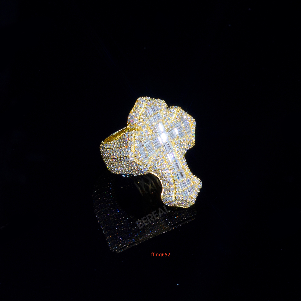 Wholesale Real Gold Vvs Moissanite Ring Hip Hop Style Iced Out Baguette Cut Diamond 10K 14K 18K Fine Ring for Men Women