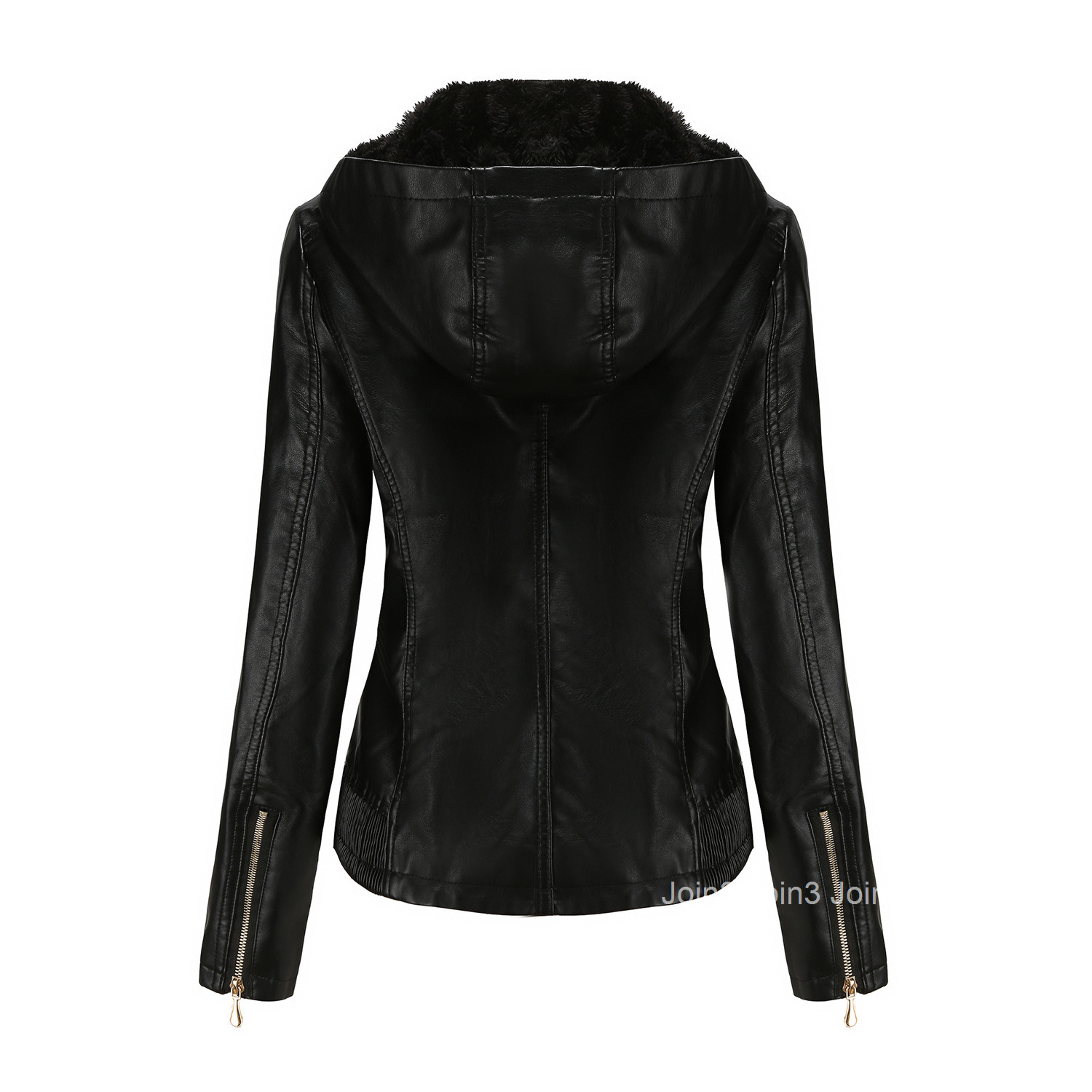 Fashion Awhooded Leather Womens Detachable Hat Zipper Long Sleeve Plush Leather Jacket European Size Slim Fit Coat