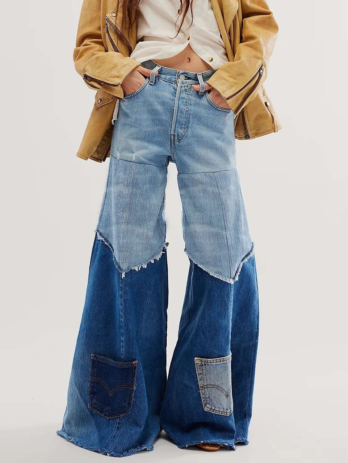 Patchwork High Waist For Female Denim Pants Slimming Hit Color Wide-Legged Colorblock Pocket Flares Trousers Fashion Streetwear
