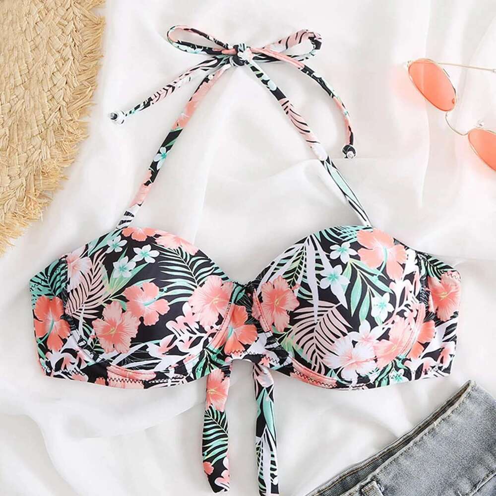 Swimsuit 2025 Fashion Women's Bikini Top with Bow Frame Swimsuit Hot Selling Solid/Flower Folded Swimsuit Top