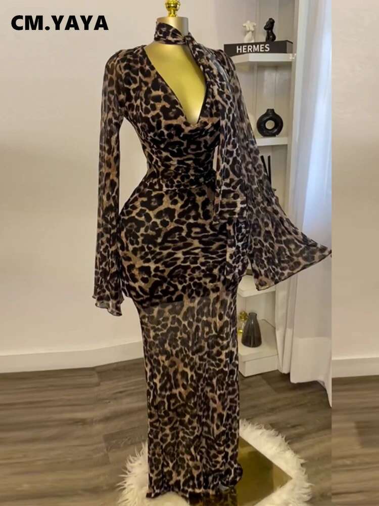 Cm.Yaya Women Full Sleeve Pile Collar Leopard Print Long Maxi Dress Holiday Beach Birthday Evening Sexy Party Dresses Vestidos