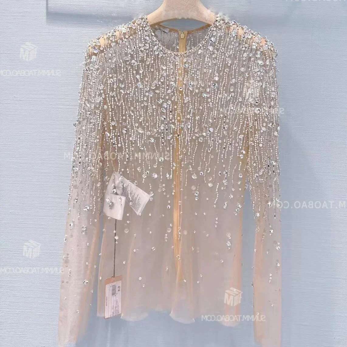 Women Fairy Sequined Mesh Blouse Perspective Sexy Gauze Tees Long Sleeve Beaded Blusas Jumpers Bottoming Shirts Crop Tops