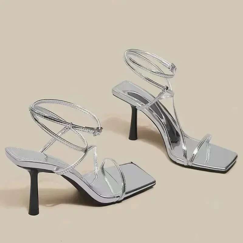 Open Toe 2024 Summer All-Match Sier French Square Head Stilettos Women's Stilettos High Heels Sandals Women