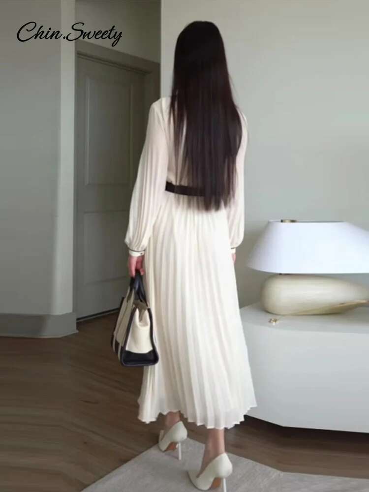 Elegant White Pleat Dress Women Belt Lapel Long Sleeve Single-Breasted Dresses 2025 Spring Summer Lady High Street Robes