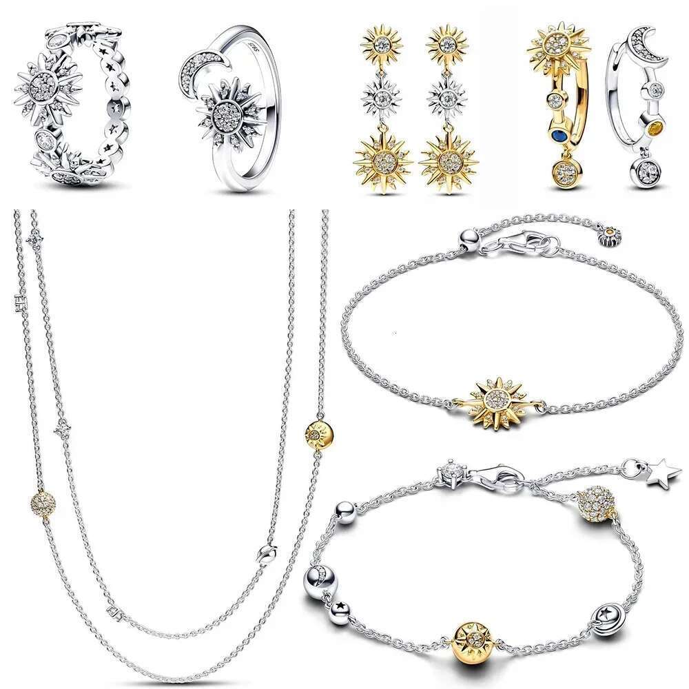 New 925 Sterling Silver Pretty Sparking Sun Moon Ring Earrings Two Colors Chain Bracelets Fit Women Jewelry Set Gift