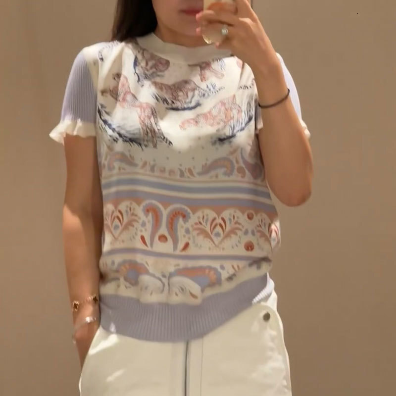 Women's Tiger Print Jacquard Knit T-Shirt Fashion Round Neck Lace Short Sleeve Top Blend Loose Y2K Trendy Sexy Early Spring Luxury Designer High-