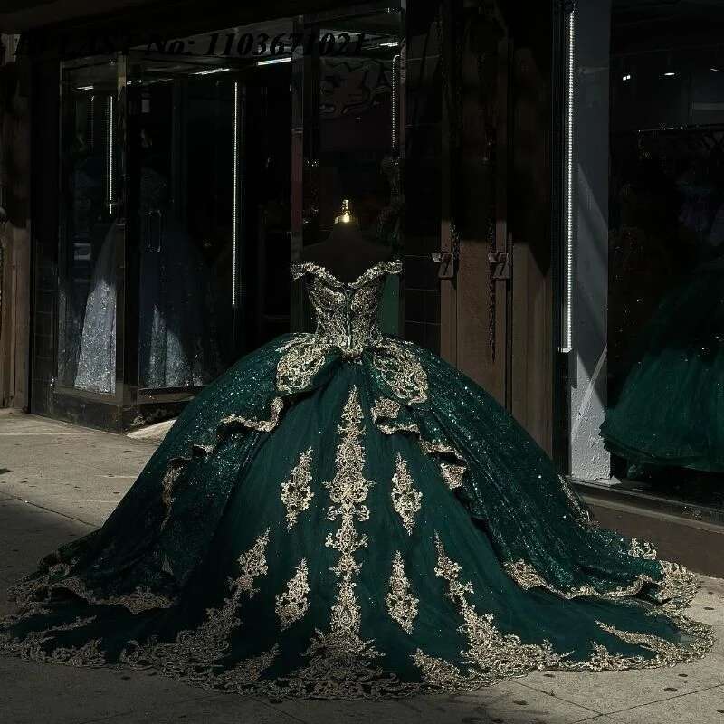 Evlast customized green quinceanera prom dress gold lace applique fringed corset sweet 16 dresses xv 15 years sq86