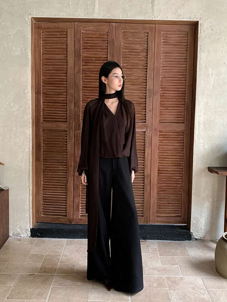 CHEERART Brown Chiffon Blouse Clothing Long Sleeve Top V Neck Ribbon Lady Tops And Blouses Fall Clothes 2024 Women