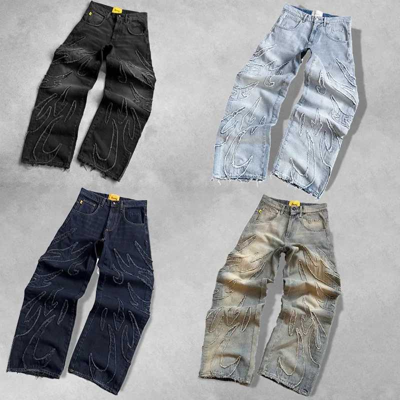 2025 New American Retro Flame Embroidery Baggy Womens Jeans Y2K Harajuku Hip Hop Gothic High Waist Wide Trousers Street WearT250319