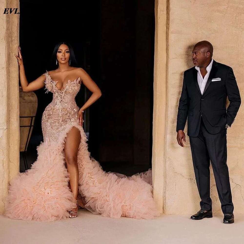 Add to Wish Custom Beading Mermaid Ball Sexy Slit Side Pink Tulle Train 3D Appliques Party Dress prom