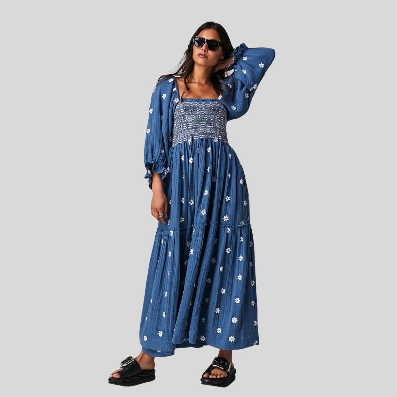 Autumn New Casual Trumpet Sleeves Wrap Embroidered Square Neck Sunflower Dress