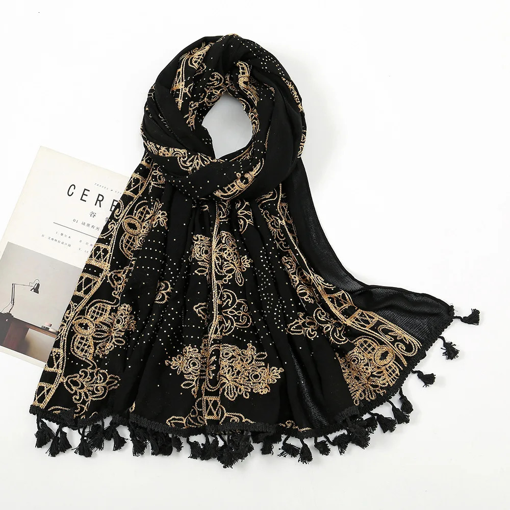 Aztec fashion bronze floral tassel diamond adhesive scarf printed soft thick shawl and wrapped Pashmina stolen Muslim headscarf 250314