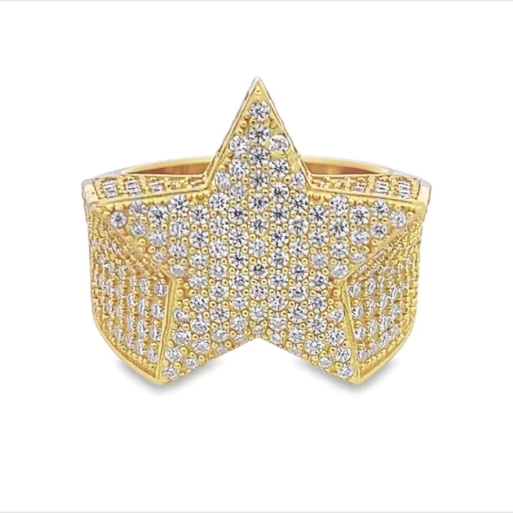 Hip Hop Style Iced Gold Plated 925 Sterling Silver STAR Ring VVS Moissanite Diamond Certified for Party Men and Women