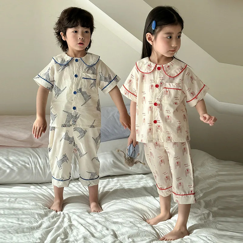Korean Summer Kids Girls Sleepwears Set Cotton Thin Cartoon Full Printed Tops Cropped Pants Suit Children Girls Pajamas 250314