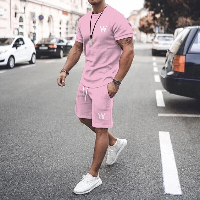 Latest Mens W-shaped Printed Casual T-shirt Set Round Neck Short sleeved Top Home Clothes Summer 250310