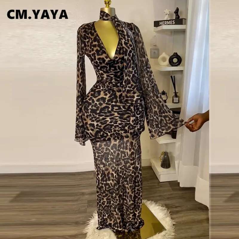 Cm.Yaya Women Full Sleeve Pile Collar Leopard Print Long Maxi Dress Holiday Beach Birthday Evening Sexy Party Dresses Vestidos