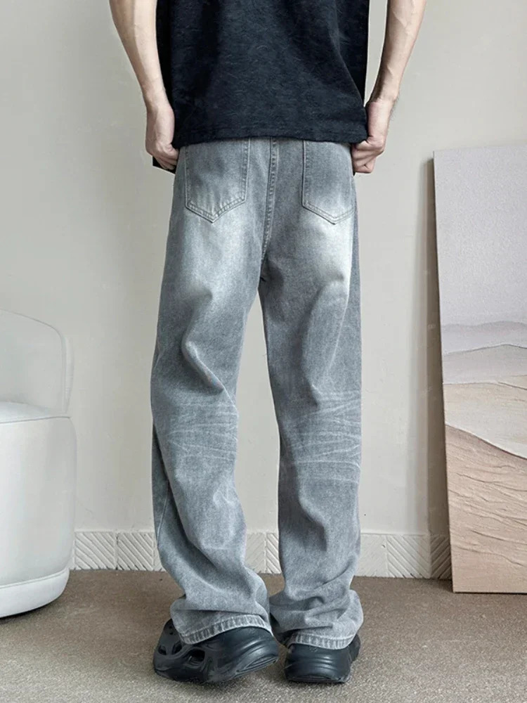 retro grey pocket jeans mens fashion Harajuku casual Y2k pants straight high street mens wide denim Trousers 250314