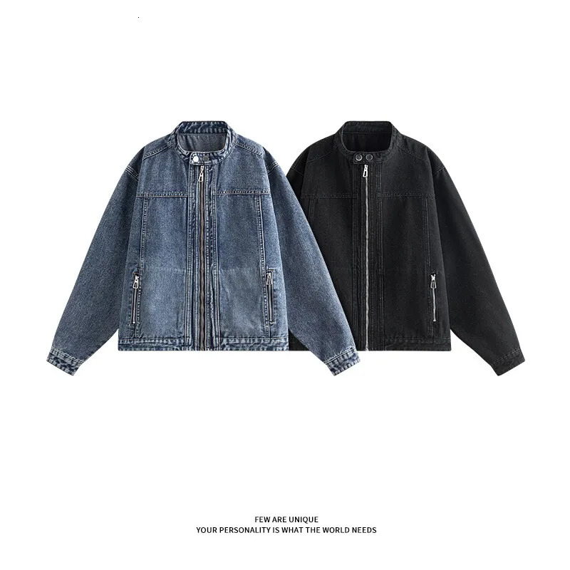 Motorcycle denim jacket mens hiphop tight fitting zipper pocket retro washed loose jeans unisex 250312