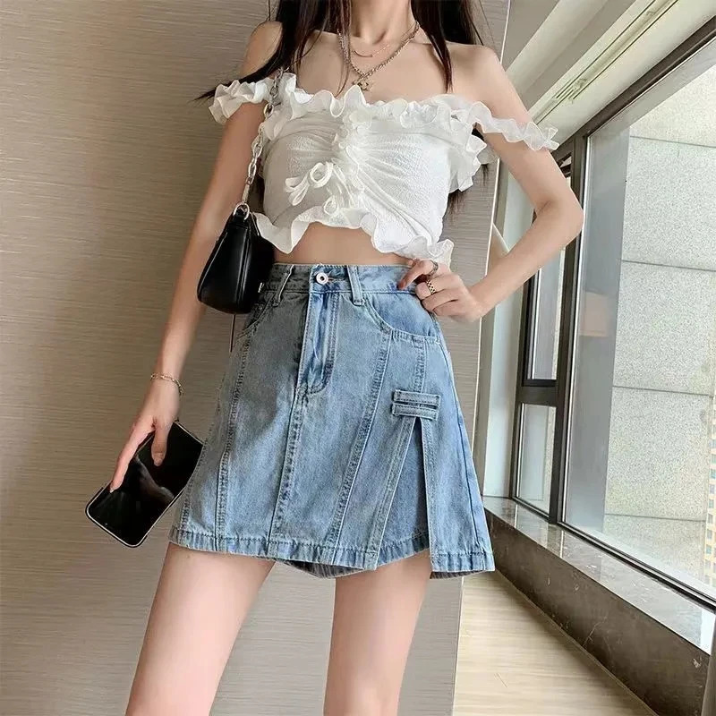 Fashion High Waist Denim Culottes Women Summer n Baggy Jean Shorts Two Pieces Lining Jeans Skirts Blue Pantskirt 250310