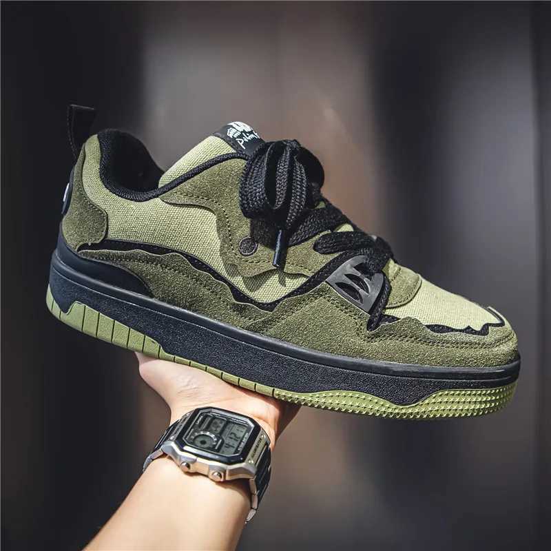 Mens Skateboarding Shoes Autumn Korean Edition Trend Casual Sports Shoes Army Green Lace Canvas Shoes Fashion Sports Shoes Y250315