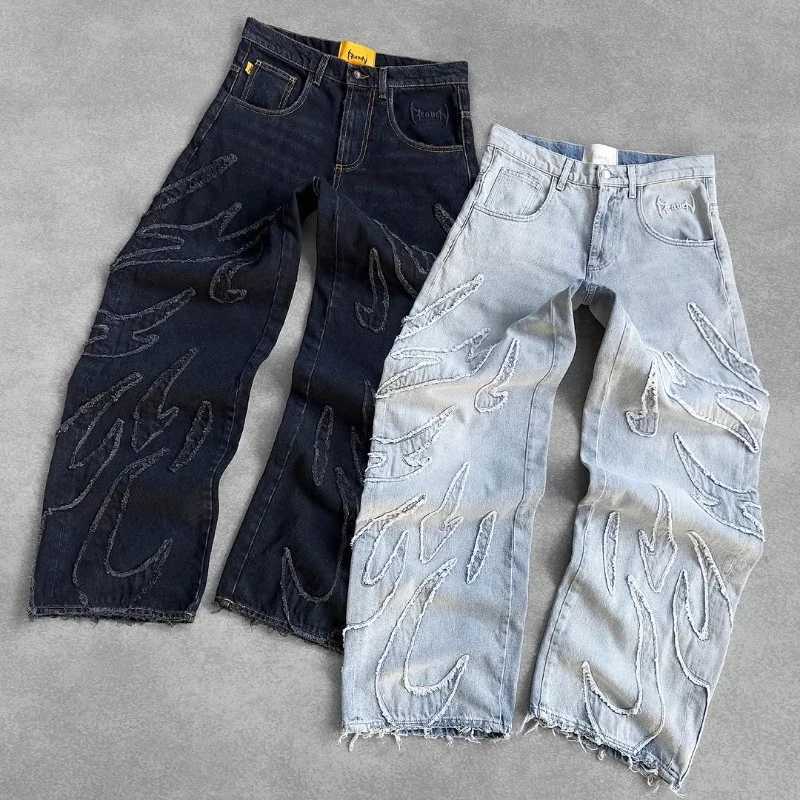2025 New American Retro Flame Embroidery Baggy Womens Jeans Y2K Harajuku Hip Hop Gothic High Waist Wide Trousers Street WearT250319