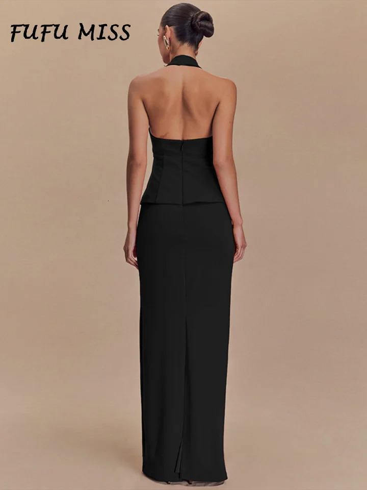 Elegant long sleeved set womens camisole top backless zipper Hip packaging flooring solid party 250312