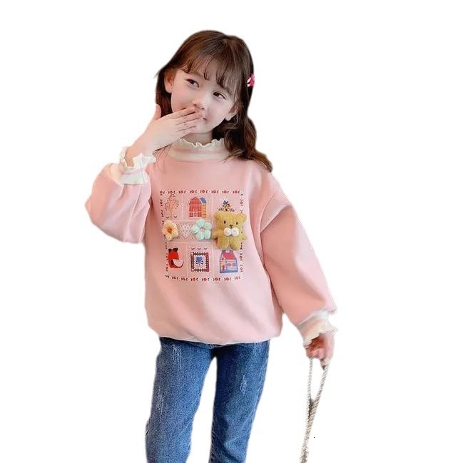 Ddmyshoesvip Velvet Hoodie Winter New Style Girls Stylish Black Fungal Edge Half High Neck Children S Thick Warm Top