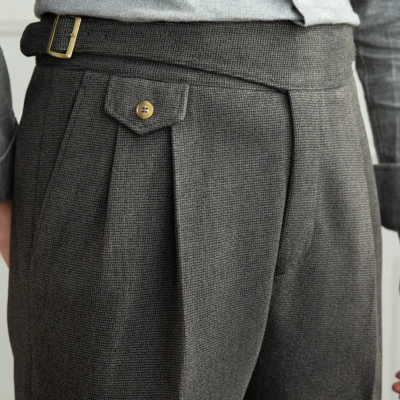 Autumn Winter Mens Warm Retro Straight Pants Casual UK High Waist Office Dress 250313