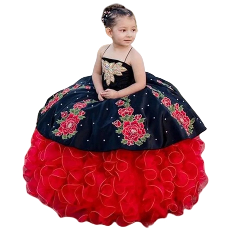 Mexico Embroidery Cute Little Girls Pageant Dresses Black And Red Ruffles Prom Ball Gown Kids Formal Wear Toddler Floral Long Birthday Party Quinceane