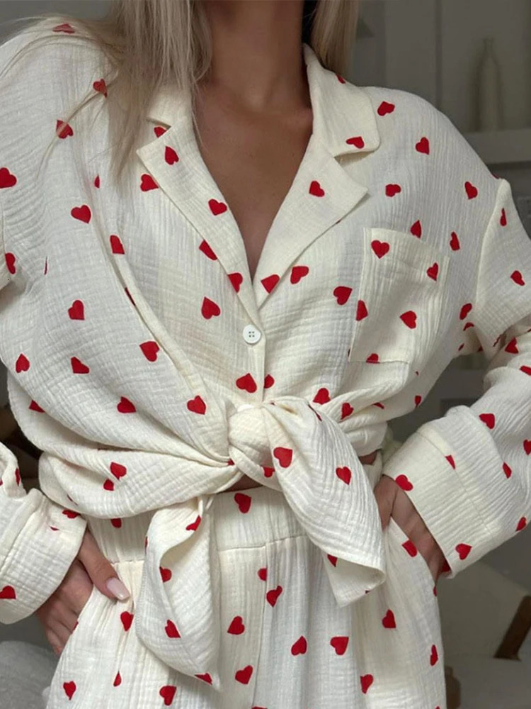 Womens twopiece set of pure cotton collar printed heartshaped full sleeved shirt loose waist pants womens spring pajamas 250313