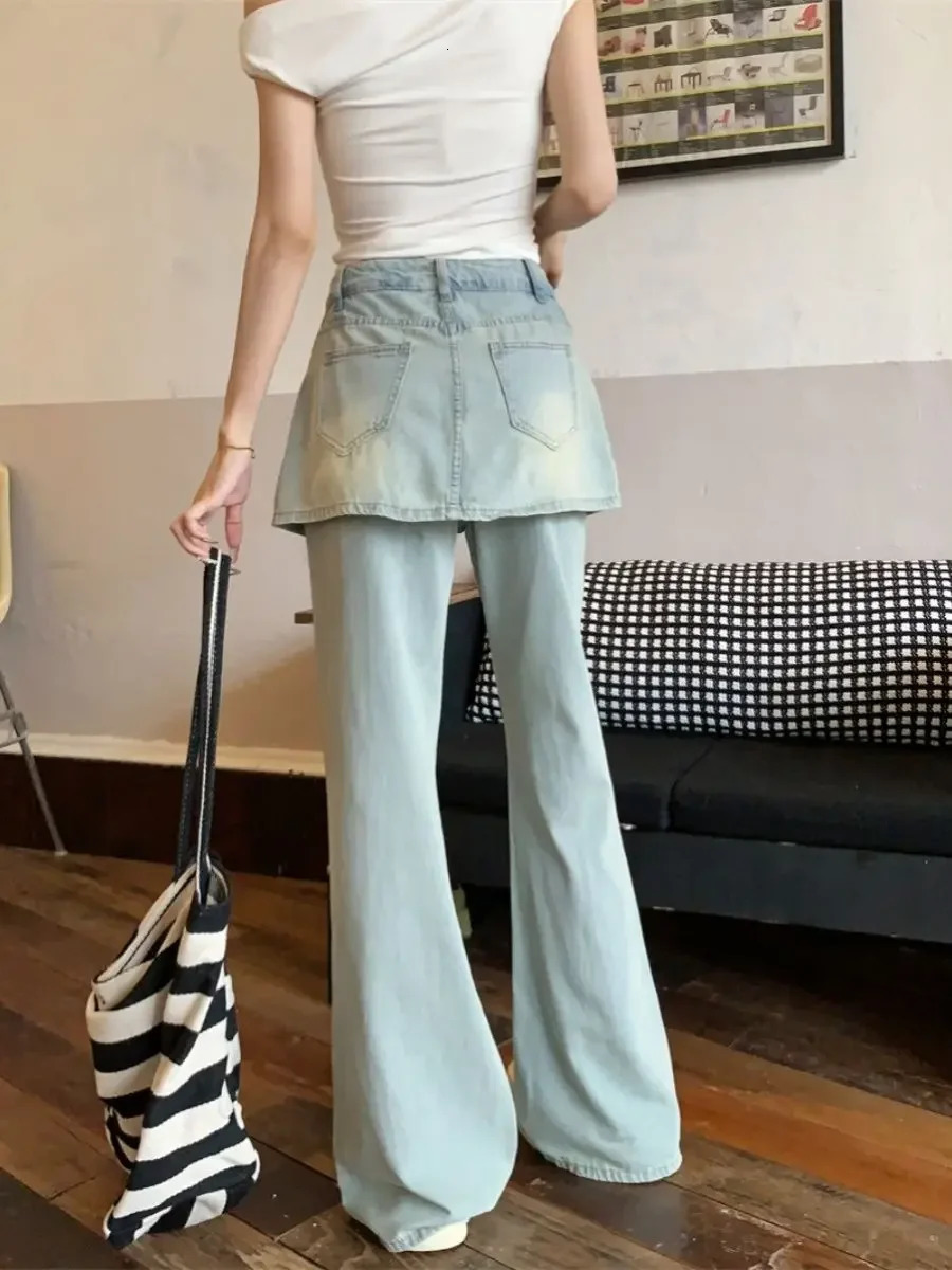 Summer Korean Fashion Two Piece Spliced Skirt Jeans Women High Waist Slimming Straight Pants Flare Clothing 250310