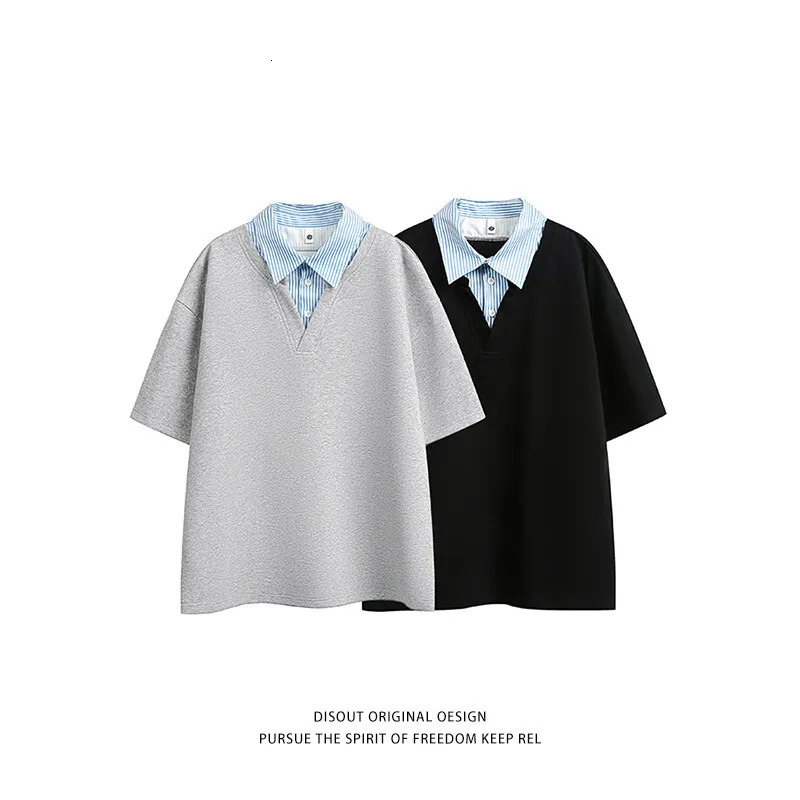 summer short sleeved holiday twopiece contrasting color Tshirt casual patchwork striped loose mens polo shirt 250312