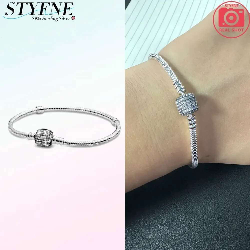 925 Sterling Silver Pave Heart Clip Buckle Zircon Snake Bone Bracelet S925 Snake Bracelets For Women Fit charms beads Diy Jewelry Gift