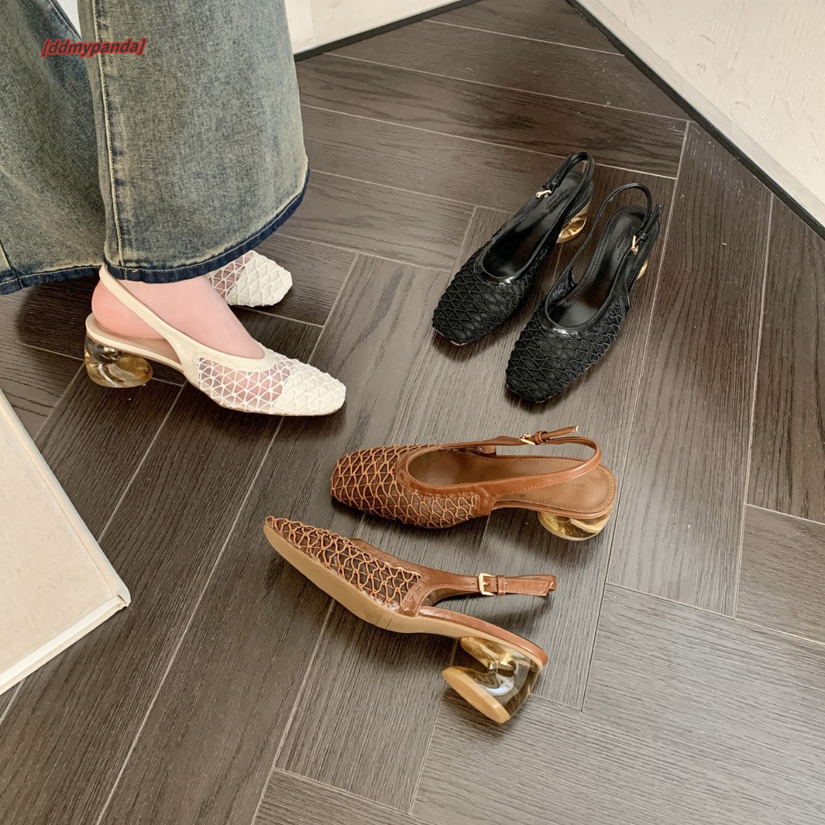 Uniquely designed woven toe cap sandals spring 2025, with a minimalist mesh and thick heels for women ddmypanda