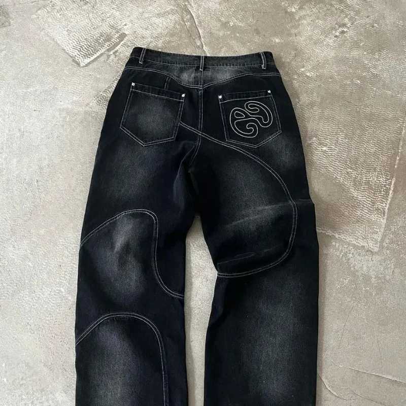 Street washed punk vintage men patchwork jeans Y2K fashionable loose fitting Gothic high waisted Harajuku straight leg pantsT250319